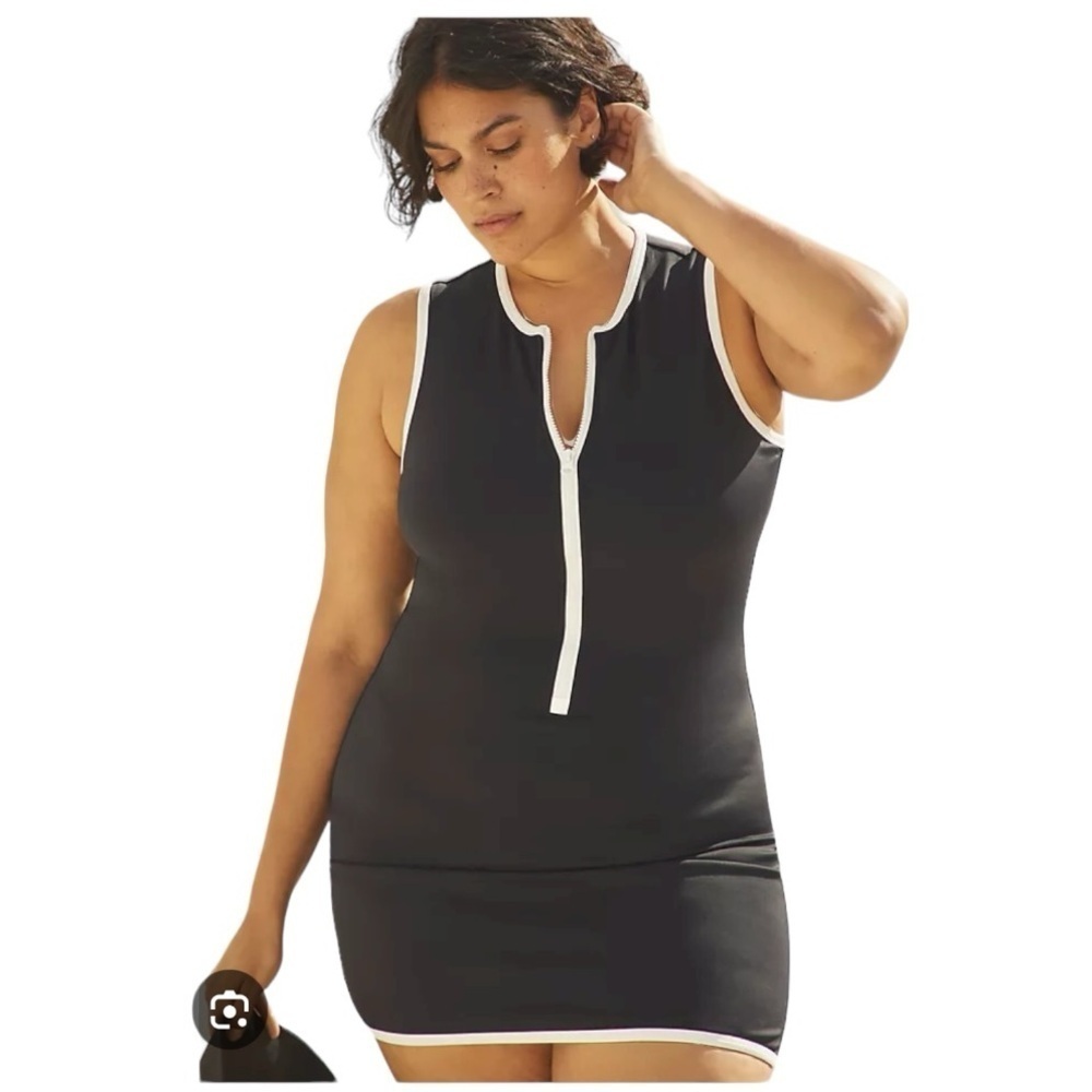 Good American X Anthro Black Plus Varsity Front  Zipper Swim Dress Size Plus NEW